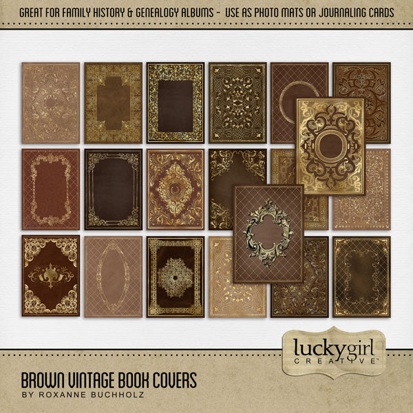 Accent your vintage family history and genealogy pages with these beautiful brown vintage book covers by Lucky Girl Creative digital art for digital scrapbooking. Perfect for historical sites, the library, and masculine pages, too! This kit is included in the Vintage Book Covers Bundle.