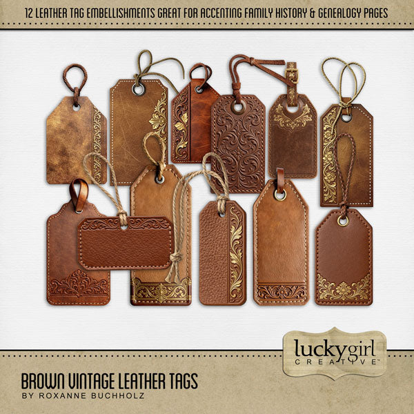 Accent your vintage family history and genealogy pages with these beautiful brown vintage leather tags by Lucky Girl Creative digital art for digital scrapbooking with gilded gold decorative accents. Perfect for historical sites, the library, and masculine pages, too! This kit is included in the Vintage Book Covers Bundle.