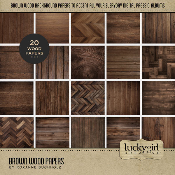 Accent your autumn greeting cards and traditional seasonal pages with these brown wood grain papers by Lucky Girl Creative digital art for digital scrapbooking. Great for Thanksgiving, fall, autumn, hay rides, pumpkin patch, fall festivals, and more! This kit is included in the Autumn Season Papers Bundle.