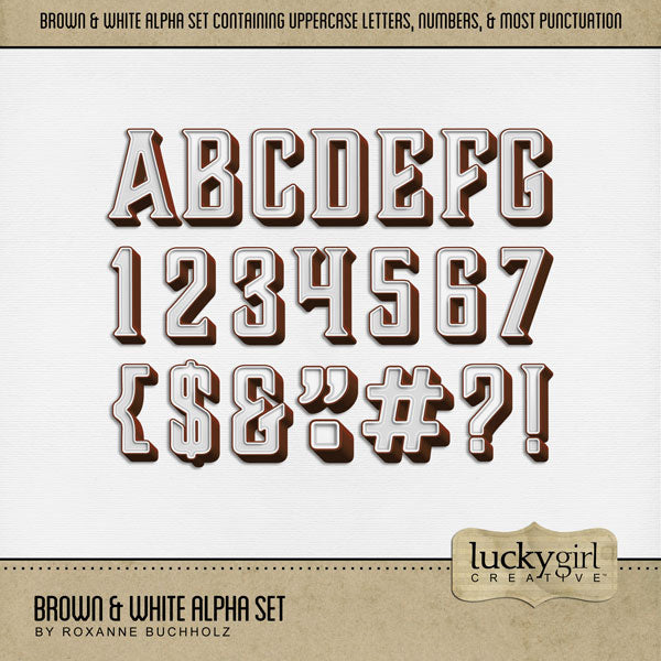 These sweet brown and white alphabet and number digital scrapbooking embellishments by Lucky Girl Creative digital art are easy to use for everyday digital scrapbook page titles and special occasions such as Thanksgiving, fall, autumn, and Canada Day. The Brown & White Alpha Set consists of a full set of digital art uppercase alphabet letters A-Z, numbers 0-9, and most punctuation marks. This alpha set is available as individual embellishments only. This kit is included in the Canadian Sweet Shop Bundle.
