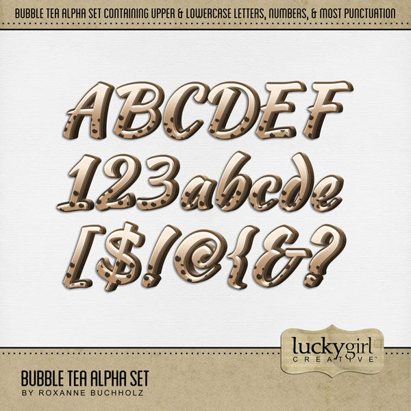 Cozy up your digital scrapbooking page titles with this tasty tea-inspired alpha set by Lucky Girl Creative digital art! Great for travel to Asia, Japan, China, and more! The alpha set consists of a full set of digital art uppercase alphabet letters A-Z, lowercase letters a-z, numbers 0-9, and most punctuation marks. This alpha set is available as individual embellishments only. This kit is included in the Tea Alpha Bundle.
