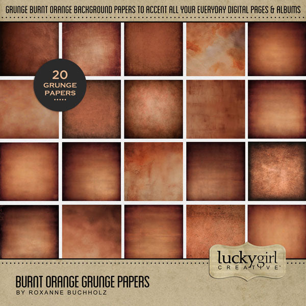 Accent your autumn greeting cards and traditional seasonal pages with these burnt orange textured and grunge papers by Lucky Girl Creative digital art for digital scrapbooking. Great for Thanksgiving, fall, autumn, hay rides, pumpkin patch, fall festivals, and more! This kit is included in the Autumn Season Papers Bundle.