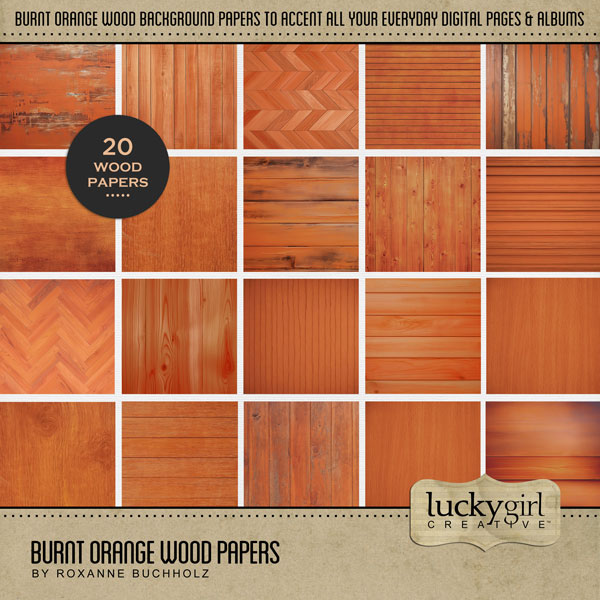 Accent your autumn greeting cards and traditional seasonal pages with these burnt orange wood grain papers by Lucky Girl Creative digital art for digital scrapbooking. Great for Thanksgiving, fall, autumn, hay rides, pumpkin patch, fall festivals, and more! This kit is included in the Autumn Season Papers Bundle.