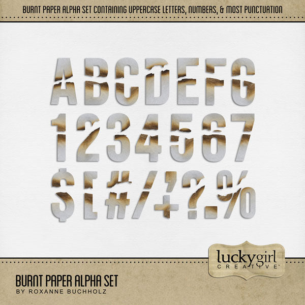 These burnt paper alphabet and number digital scrapbooking embellishments by Lucky Girl Creative digital art are easy to use for western-inspired digital scrapbook page titles including travels to the Southwest (Arizona, Colorado, Utah, Nevada, New Mexico), cowboy and cowgirl dances and hoedowns, rodeo and ranch events, ghost towns, vacations to the desert, Mexico, Nashville, Wild West, and so much more! Great for natural disasters, forest fires, family history, heritage, and genealogy pages, too!