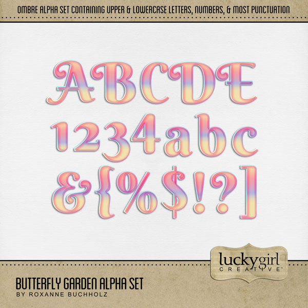 These beautiful pastel ombre alphabet letters, numbers, and punctuation by Lucky Girl Creative digital art for digital scrapbooking are easy to use to create unique page titles. Great for spring, garden, and feminine pages! The Butterfly Garden Alpha Set consists of a full set of digital art uppercase alphabet letters A-Z, lowercase letters a-z, numbers 0-9, and most punctuation marks. This alpha set is available as individual embellishments only. This kit is included in the Butterfly Garden Watercolor