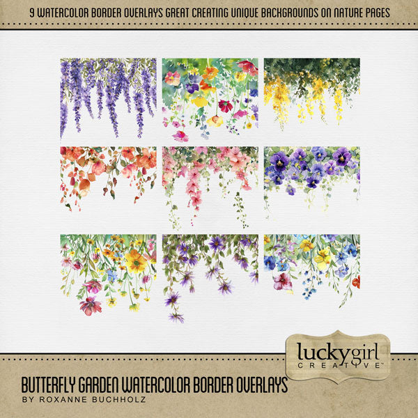 Add beautiful watercolor flower border overlays by Lucky Girl Creative digital art for digital scrapbooking to all your garden, spring, summer, outdoor, and nature pages! With transparent backgrounds, these overlays are great for creating your own unique background. This kit is included in the Butterfly Garden Watercolor Bundle.