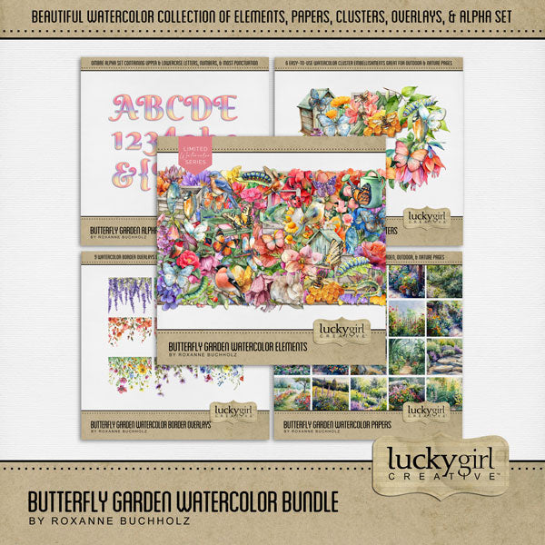Add beautiful watercolor embellishments, papers, clusters, borders, and alpha set by Lucky Girl Creative digital art for digital scrapbooking to all your flower garden, spring, summer, outdoor, and nature pages! Embellishments include bird, butterfly, Bluebird, Hummingbird, bunny, rabbit, frog, honeycomb, honey bee, dragonfly, ladybug, gecko, salamander, butterfly, caterpillar, chrysalis, flower, floral, bench, leaf, leaves, wood box, butterfly house, wood sign, and more!