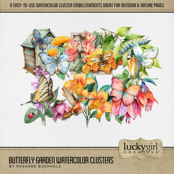 Add beautiful watercolor cluster embellishments by Lucky Girl Creative digital art for digital scrapbooking to all your flower garden, spring, summer, outdoor, and nature pages! Easy-to-use! Simply add a photo, background, and title to your page and drop on your cluster embellishment for that special touch! This kit is included in the Butterfly Garden Watercolor Bundle.