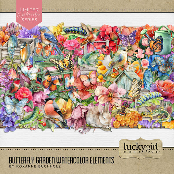 Add beautiful watercolor embellishments by Lucky Girl Creative digital art for digital scrapbooking to all your flower garden, spring, summer, outdoor, and nature pages! Embellishments include bird, butterfly, Bluebird, Hummingbird, bunny, rabbit, frog, honeycomb, honey bee, dragonfly, ladybug, gecko, salamander, butterfly, caterpillar, chrysalis, flower, floral, bench, leaf, leaves, wood box, butterfly house, wood sign, and more! This kit is included in the Butterfly Garden Watercolor Bundle.