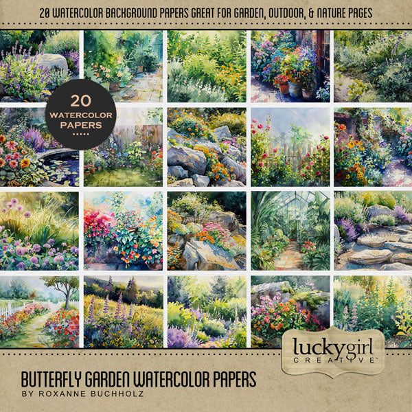 Add beautiful watercolor background pages by Lucky Girl Creative digital art for digital scrapbooking to all your garden, spring, summer, outdoor, and nature pages! This kit is included in the Butterfly Garden Watercolor Bundle.