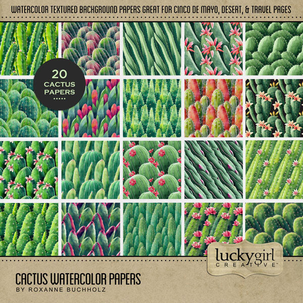 Add these beautiful watercolor cactus patterned background papers by Lucky Girl Creative digital art to all your digital scrapbooking pages to help you celebrate Cinco De Mayo, Taco Tuesday, and the Day of the Dead with style! Great for vacations to Mexico, Arizona, New Mexico, and Texas, too! This kit is included in the Cinco de Mayo Watercolor Bundle.