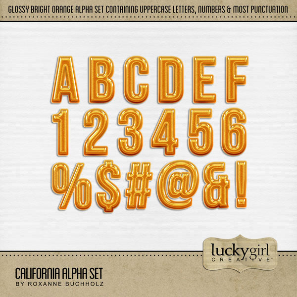 Bright and sunny, these playful orange digital art alphabet letters, numbers, and punctuation characters by Lucky Girl Creative will add charm to all your digital pages. Great for vacations and holidays to California, the beach, the Caribbean, and so much more! The California Alpha Set consists of a full set of digital art uppercase letters A-Z, numbers 0-9, and most punctuation marks.