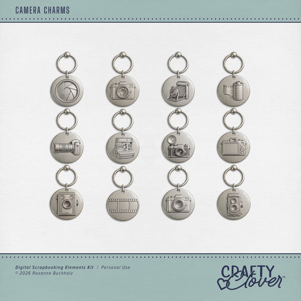 Capture life's happiest moments with these little silver camera charms by Crafty Clover™ digital art, designed for memory keepers who love documenting every snapshot. This digital scrapbooking collection is perfect for preserving vacations, family adventures, celebrations, everyday memories, and all the little moments worth remembering. Document your favorite memories with a little extra luck and a whole lot of style! This kit is NOT included in any bundle.