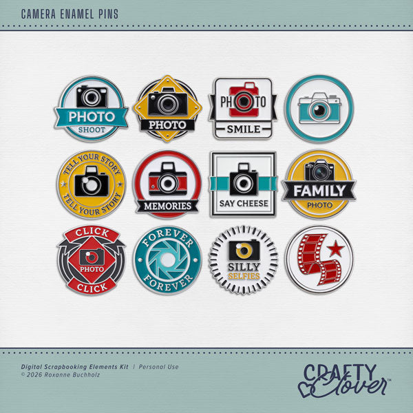 Capture life's happiest moments with these colorful enamel pins by Crafty Clover™ digital art, designed for memory keepers who love documenting every snapshot. This digital scrapbooking collection is perfect for preserving vacations, family adventures, celebrations, everyday memories, and all the little moments worth remembering. Embellishments include the words photo shoot, photo, smile, tell your story, memories, say cheese, family photo, click, forever, and silly selfies along with modern cameras.