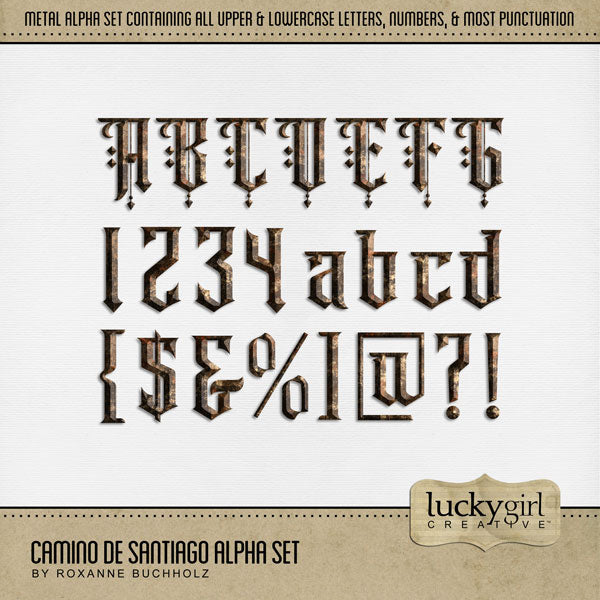Adventure and explore the Camino de Santiago or the Way of St. James in Spain, Portugal, and France with these beautiful metal alphabet letters, numbers, and punctuation by Lucky Girl Creative digital art for digital scrapbooking. Whether you have taken a holiday to Spain, Portugal, or walked the Camino de Santiago trail, this vintage collection will authentically accent your photos of Western Europe and other medieval and gothic projects. Great for historic sites and religious pages, too!