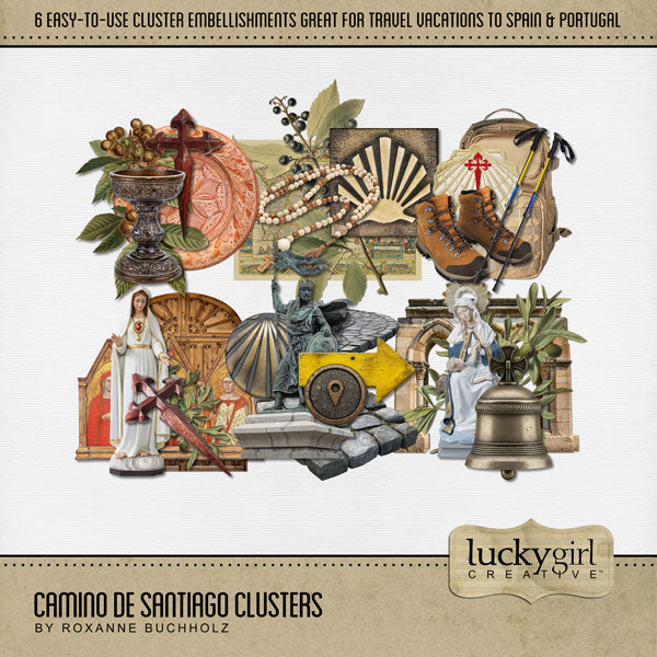 Adventure and explore the Camino de Santiago or the Way of St. James in Spain, Portugal, and France with these easy-to-use cluster embellishments by Lucky Girl Creative digital art for digital scrapbooking. Whether you have taken a holiday to Spain, Portugal, or walked the Camino de Santiago trail, this vintage collection will authentically accent your photos of Western Europe. Great for historic pages, too! This kit is included in the Camino de Santiago Bundle.
