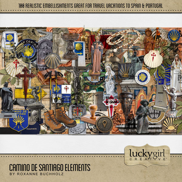 Adventure and explore the Camino de Santiago or the Way of St. James in Spain, Portugal, and France with these beautiful realistic embellishments by Lucky Girl Creative digital art for digital scrapbooking. Whether you have taken a holiday to Spain, Portugal, or walked the Camino de Santiago trail, this vintage collection will authentically accent your photos of Western Europe. Great for historic and religious pages, too! Explore The Camino Frances, Saint-Jean-Pied-de-Port, Pamplona, Alto del Perdon, Puente