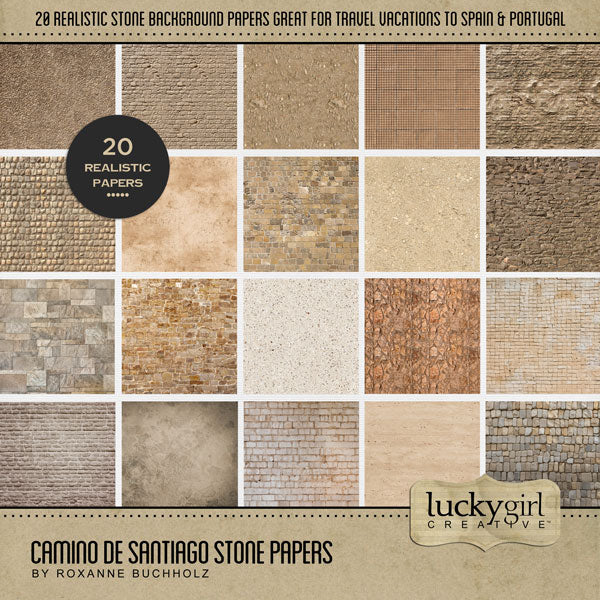 Adventure and explore the Camino de Santiago or the Way of St. James in Spain, Portugal, and France with these beautiful stone background papers by Lucky Girl Creative digital art for digital scrapbooking. Whether you have taken a holiday to Spain, Portugal, or walked the Camino de Santiago trail, this vintage collection will authentically accent your photos of Western Europe. Great for historic pages, too! This kit is included in the Camino de Santiago Bundle.