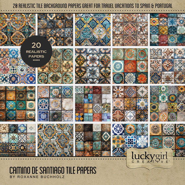 Adventure and explore the Camino de Santiago or the Way of St. James in Spain, Portugal, and France with these beautiful tile background papers by Lucky Girl Creative digital art for digital scrapbooking. Whether you have taken a holiday to Spain, Portugal, or walked the Camino de Santiago trail, this vintage collection will authentically accent your photos of Western Europe. Great for historic pages, too! This kit is included in the Camino de Santiago Bundle.