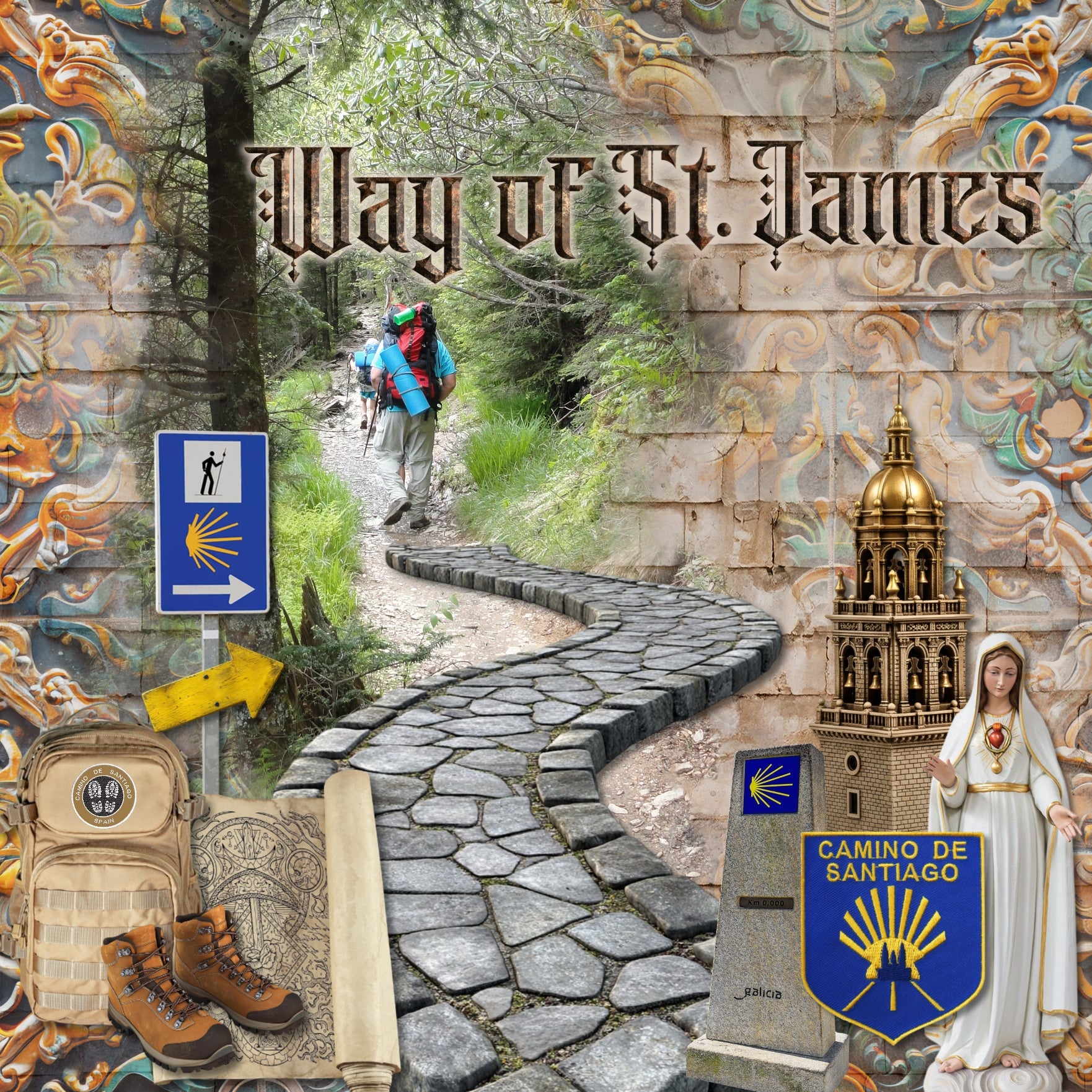 Adventure and explore the Camino de Santiago or the Way of St. James in Spain, Portugal, and France with these beautiful realistic embellishments, papers, clusters, and alpha set by Lucky Girl Creative digital art for digital scrapbooking. Whether you have taken a holiday to Spain, Portugal, or walked the Camino de Santiago trail, this vintage collection will authentically accent your photos of Western Europe. Great for historic and religious pages, too! Explore The Camino Frances, Saint-Jean-Pied-de-Port, 