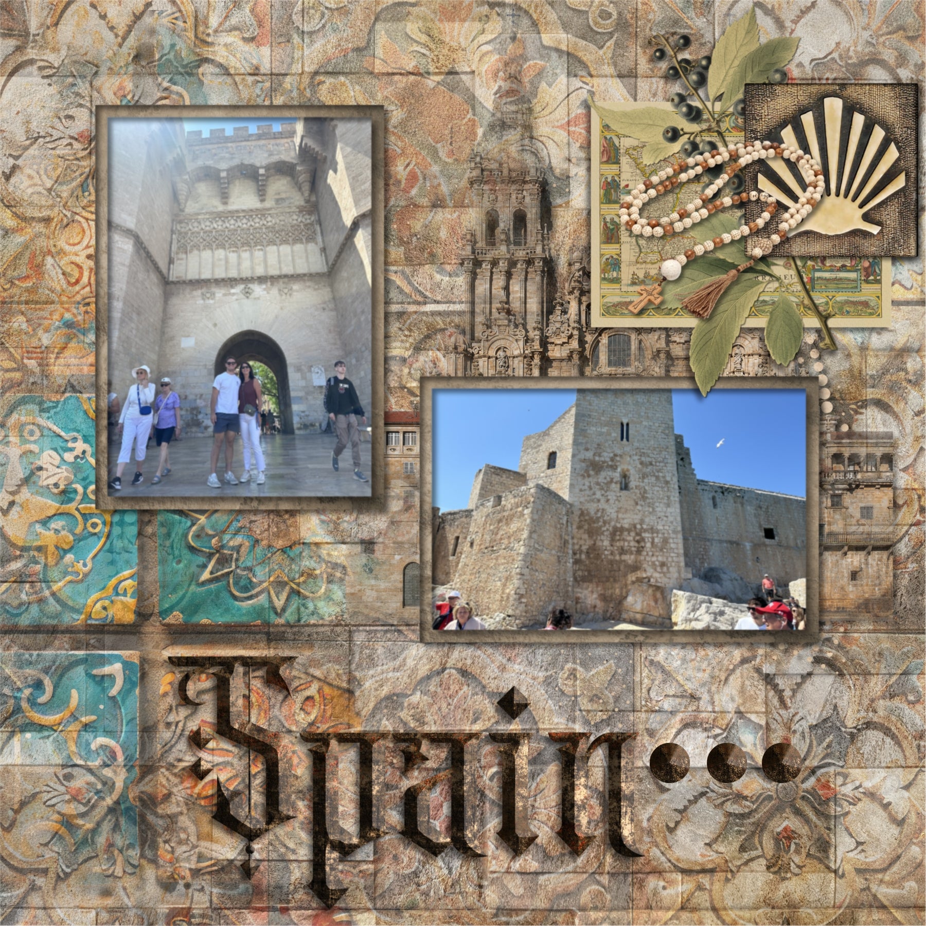 Adventure and explore the Camino de Santiago or the Way of St. James in Spain, Portugal, and France with these beautiful realistic embellishments, papers, clusters, and alpha set by Lucky Girl Creative digital art for digital scrapbooking. Whether you have taken a holiday to Spain, Portugal, or walked the Camino de Santiago trail, this vintage collection will authentically accent your photos of Western Europe. Great for historic and religious pages, too! Explore The Camino Frances, Saint-Jean-Pied-de-Port, 