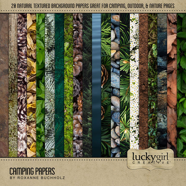 Whether you use a tent or a camper, there's no better way to enjoy the great outdoors than with a camping trip! Add warmth to all your camping pages with these realistic natural element papers by Lucky Girl Creative digital art for digital scrapbooking. Textures include moss, pinecones, leaves, fern, evergreen, spruce, pine, lake, water, pebbles, rocks, flowers, stream, bark, and more. The Camping Papers Kit is included in the Camping Bundle.