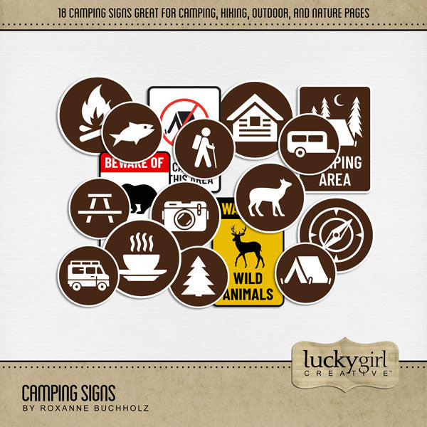 Whether you use a tent or a camper, there's no better way to enjoy the great outdoors than with a camping trip! Add warmth to all your nature pages with these authentic camping sign embellishments by Lucky Girl Creative digital art for digital scrapbooking. Signs include wild animals, bear, camping area, log cabin, camera, campfire, bonfire, cafe, coffee shop, compass, deer, fish, tree, forest, hike, hiking trail, parking, picnic area, tent, and more.