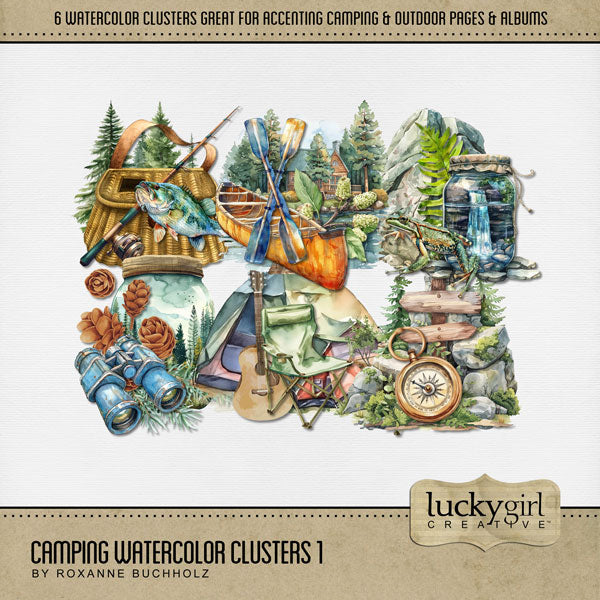 Camping Watercolor 1 Digital Scrapbook Bundle
