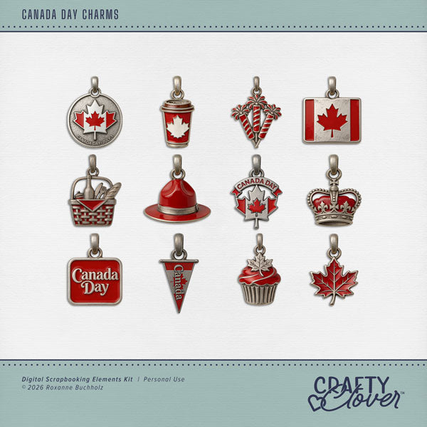 Capture the spirit of Canada Day with these patriotic pewter and enamel charms by Crafty Clover digital art. This digital scrapbooking collection is perfect for preserving Canada Day celebrations, Canadian history, and travel to Canada. Embellishments include maple leaf, Canada Day, pennant, flag, coffee, crown, cupcake, fireworks, picnic basket, and Royal Mountie hat. This kit is NOT included in any bundle.
