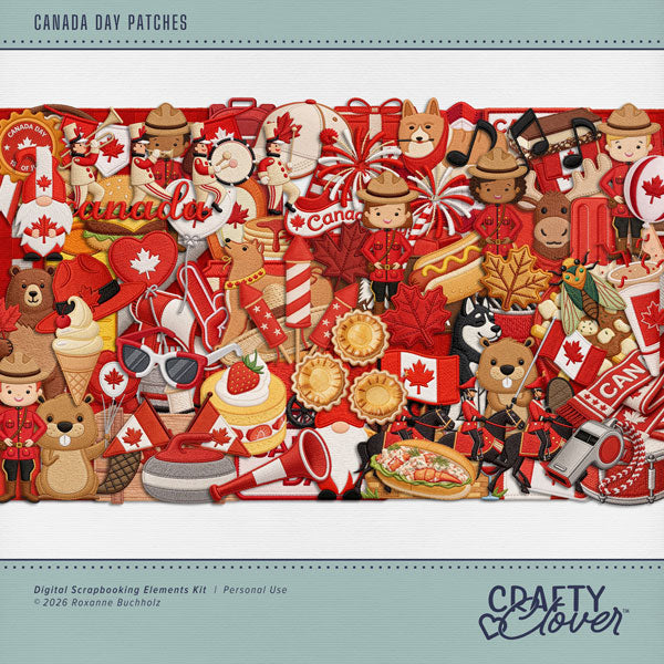 Capture the spirit of Canada Day with these patriotic embroidered patches by Crafty Clover™ digital art. This digital scrapbooking collection is perfect for preserving Canada Day celebrations and parades, picnics, barbecues, Canadian history, and travel to Canada. Embellishments include bear, cicada, dog, Corgi, Malamute, moose, beaver, backpack, balloon, banner, bunting, calendar, ranger hat, Camping Area sign, sleeping bag, canoe, ballcap, country shape, decoration, beer, drum, fireworks, rockets, fish