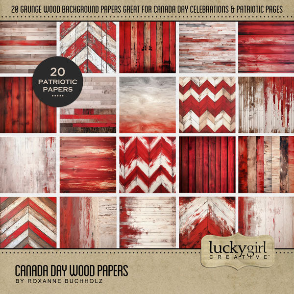 Accent your digital scrapbooking pages with these distressed red and cream wood background papers by Lucky Girl Creative digital art that can be used on Canada Day pages and more. This kit is included in the Canada Day Watercolor Bundle.