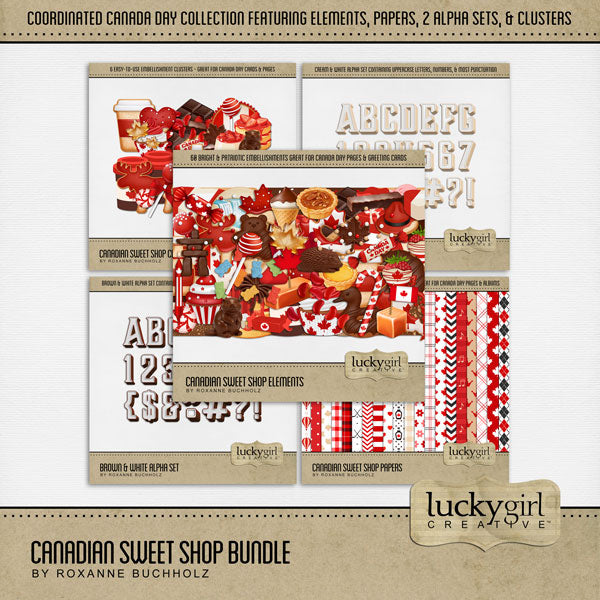 Add these sweet embellishments, bold patterned papers, clusters, and alpha sets by Lucky Girl Creative digital art to all your holiday digital scrapbooking pages! In hues of reds and browns, these sweet embellishments add so much fun to all your Canada Day projects including greeting cards and holiday decor. Embellishments include candy box, cake pop, candy, candle, hard candy, chocolate, candy cane, caramel, maple, chocolate, beaver, firework, hedgehog, Inukshuk, candy kiss, maple leaf, cookie, donut