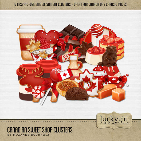 Add these easy-to-use cluster embellishments by Lucky Girl Creative digital art to all your holiday digital scrapbooking pages! In hues of reds and browns, these sweet clusters add so much fun to all your Canada Day projects including greeting cards and holiday decor. Featured embellishments include strawberry shortcake, cake pop, chocolate, beaver, hedgehog, donut, syrup, butter tart, candy, coffee, peppermint, cookie, caramel, maple, moose, and more. This kit is included in the Canadian Sweet Shop Bundle.