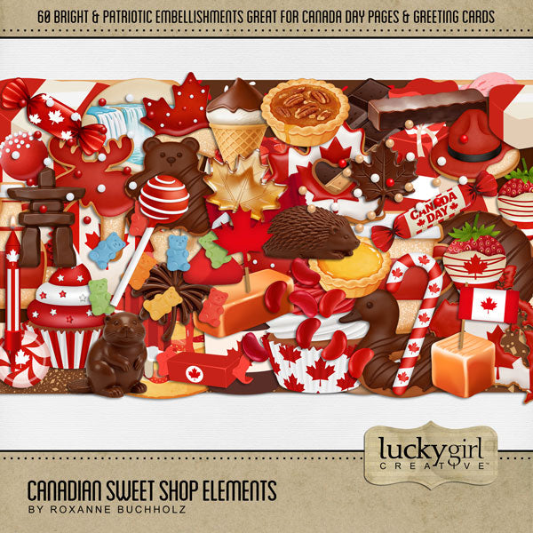 Add these sweet embellishments by Lucky Girl Creative digital art to all your holiday digital scrapbooking pages! In hues of reds and browns, these sweet embellishments add so much fun to all your Canada Day projects including greeting cards and holiday decor. Embellishments include candy box, cake pop, candle, hard candy, chocolate, candy cane, caramel, maple, chocolate, beaver, firework, hedgehog, Inukshuk, candy kiss, maple leaf, cookie, donut, doughnut, coffee cup, heart, syrup, moose, Niagara Falls