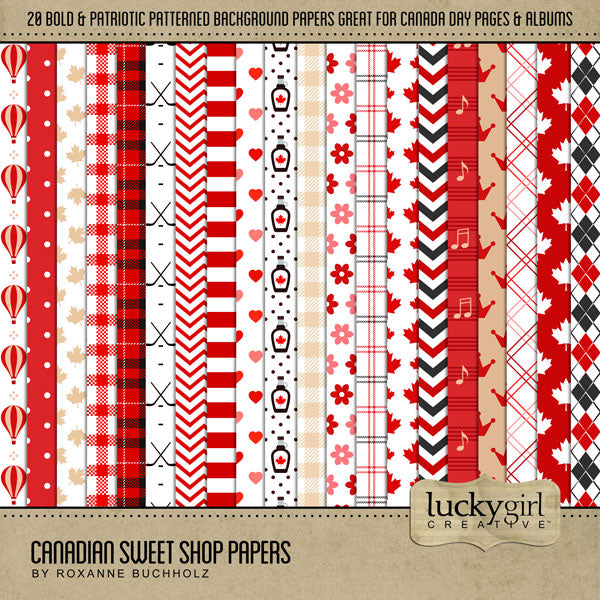 Add these bold patterned background papers by Lucky Girl Creative digital art to all your digital scrapbooking pages! In hues of reds and browns, these papers add so much fun to all your Canada Day projects including greeting cards and holiday decor. Great for vacations and holiday travel to Canada, too! Patterns include stripes, diagonal, chevron, plaid, polka dots, grid, maple leaves, crown, argyle, syrup, and more! This kit is included in the Canadian Sweet Shop Bundle and the Canadian Sweet Shop Kit.