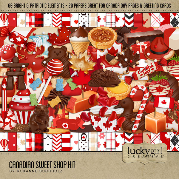 Add these sweet embellishments and bold patterned papers by Lucky Girl Creative digital art to all your holiday digital scrapbooking pages! In hues of reds and browns, these sweet embellishments add so much fun to all your Canada Day projects including greeting cards and holiday decor. Embellishments include candy box, cake pop, candy, candle, hard candy, chocolate, candy cane, caramel, maple, chocolate, beaver, firework, hedgehog, Inukshuk, candy kiss, maple leaf, cookie, donut, doughnut, coffee cup, heart
