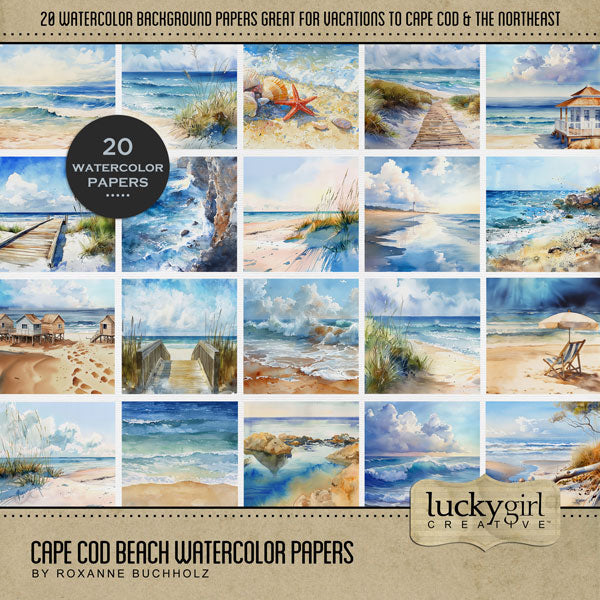 These beautiful watercolor beach background papers by Lucky Girl Creative digital art for digital scrapbooking will add style to all your Cape Cod, coastal Maine, New England, Rhode Island, Outer Banks, North Carolina, and Massachusetts South Coast pages. Papers include beach, shore, coast, ocean, sea, waves, shells, boardwalk, beach house, shoreline, beach dunes, seagrass, beach chair, and tidepools. This kit is NOT included in any bundle.