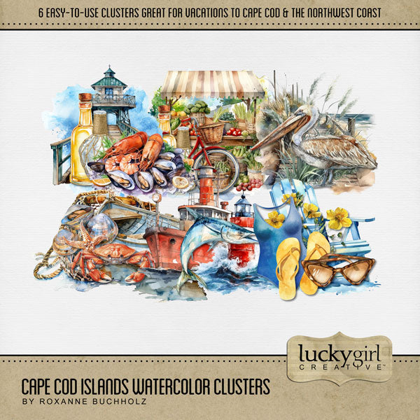 Add these beautiful and easy-to-use watercolor clusters by Lucky Girl Creative digital art to all your digital scrapbooking pages. Great for Cape Cod, coastal Maine, New England, Rhode Island, Outer Banks, North Carolina, Massachusetts South Coast pages, and other beach locations. Simply drop the pre-designed cluster onto your page and go! Embellishment clusters include lighthouse, pelican, fishing boat, swordfish, seafood platter, crab, rowboat, fishing net, bicycle, farmer's market, bathing suit, beach.