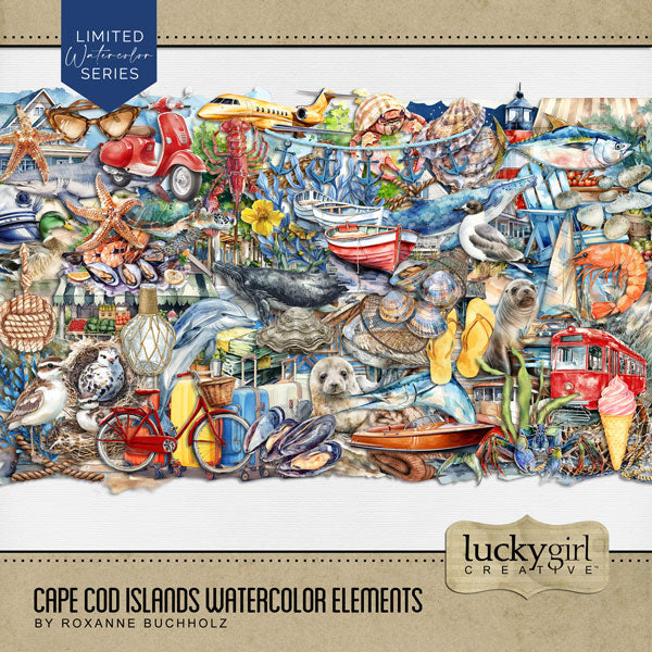 Add these beautiful watercolor nautical embellishments by Lucky Girl Creative digital art to all your digital scrapbooking pages. Great for Cape Cod, coastal Maine, New England, Rhode Island, Outer Banks, North Carolina, Massachusetts South Coast pages, Nantucket, Martha's Vineyard, and other beach locations. From whale watching and biking the Cape Cod Rail Trail to historical museums and dining, this collection has it all. Embellishments include private airplane, duck, pelican, sandpiper, seagull, bird.