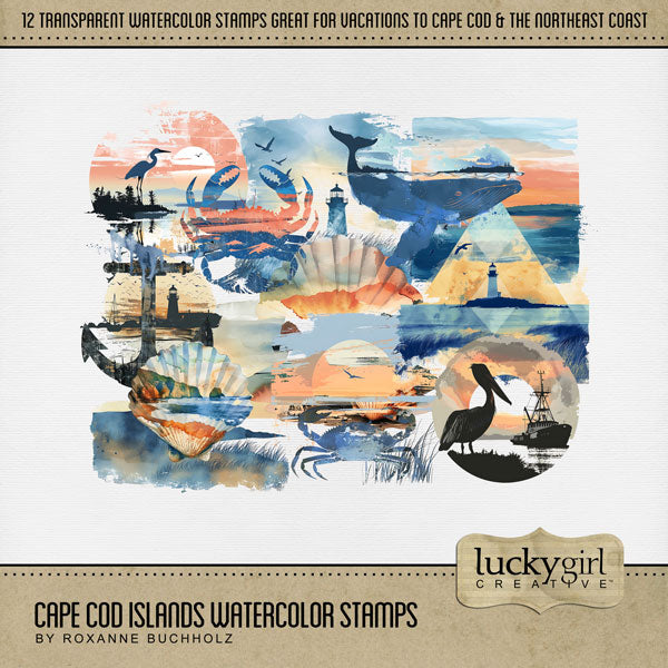 Add these beautiful watercolor overlay stamps with transparent backgrounds by Lucky Girl Creative digital art to all your digital scrapbooking pages. Great for Cape Cod, coastal Maine, New England, Rhode Island, Outer Banks, North Carolina, Massachusetts South Coast pages, and other beach locations. Stamps include lighthouse, seashell, shell, anchor, nautical, crane, egret, sunset, whale, crab, pelican, fishing boat, and more! This kit is included in the Cape Cod Islands Watercolor Bundle.
