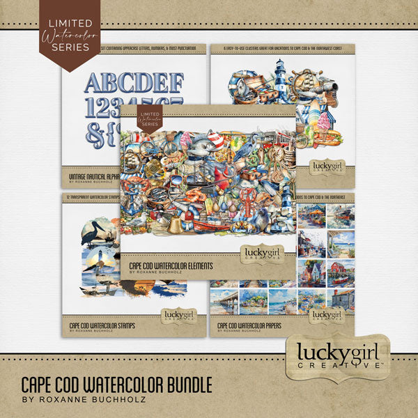 Add these beautiful watercolor nautical embellishments, papers, cluster embellishments, stamps, and alpha set by Lucky Girl Creative digital art to all your digital scrapbooking pages. Great for Cape Cod, coastal Maine, New England, Rhode Island, Outer Banks, North Carolina, Massachusetts South Coast pages, Nantucket, Martha's Vineyard, and other beach and seaside locations. From whale watching and biking the coastal Cape Cod Rail Trail to historical museums and ocean dining, this collection has it all.