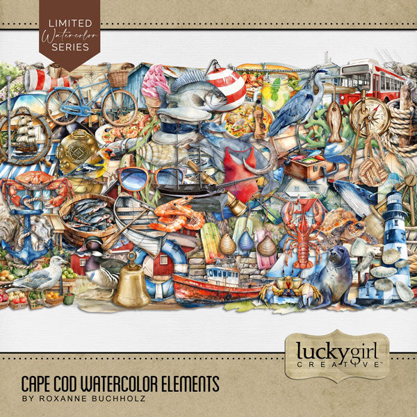 Add these beautiful watercolor nautical embellishments by Lucky Girl Creative digital art to all your digital scrapbooking pages. Great for Cape Cod, coastal Maine, New England, Rhode Island, Outer Banks, North Carolina, Massachusetts South Coast pages, Nantucket, Martha's Vineyard, and other beach locations. From whale watching and biking the Cape Cod Rail Trail to historical museums and dining, this collection has it all. Embellishments include duck, eagle, bird, finch, seagull, heron, crab, dolphin, fish