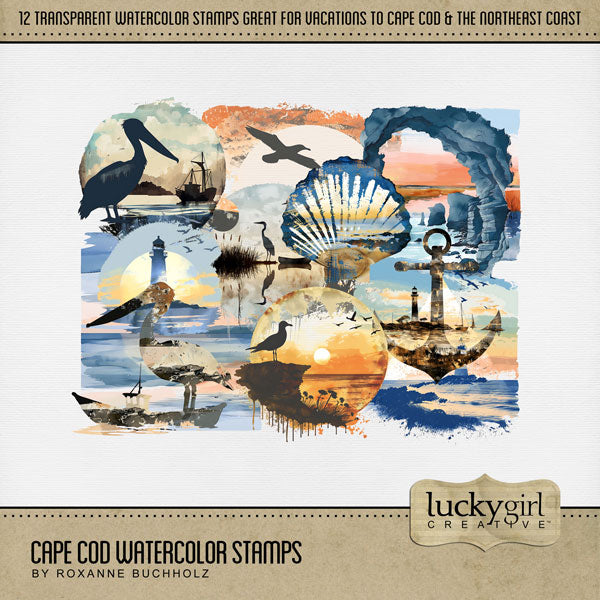 Add these beautiful watercolor overlay stamps with transparent backgrounds by Lucky Girl Creative digital art to all your digital scrapbooking pages. Great for Cape Cod, coastal Maine, New England, Rhode Island, Outer Banks, North Carolina, Massachusetts South Coast pages, and other beach locations. Stamps include lighthouse, seashell, shell, anchor, nautical, crane, egret, sunset, seagull, crab, pelican, fishing boat, coastal rocks, and more! This kit is included in the Cape Cod Watercolor Bundle.