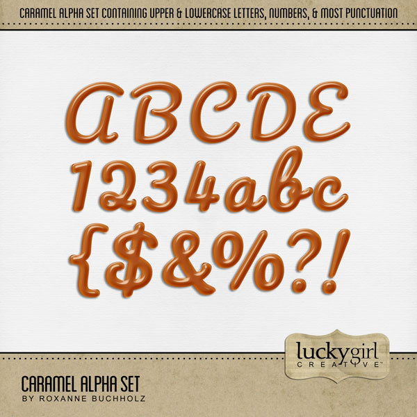 Accent your Thanksgiving greeting cards and traditional holiday pages with this yummy caramel alpha set by Lucky Girl Creative digital art for digital scrapbooking. Great for creating unique page titles for the Thanksgiving holiday, fall, autumn, and even cooking and baking! This alpha set consists of a full set of uppercase letters A-Z, lowercase letters a-z, numbers 0-9, and most punctuation marks. 