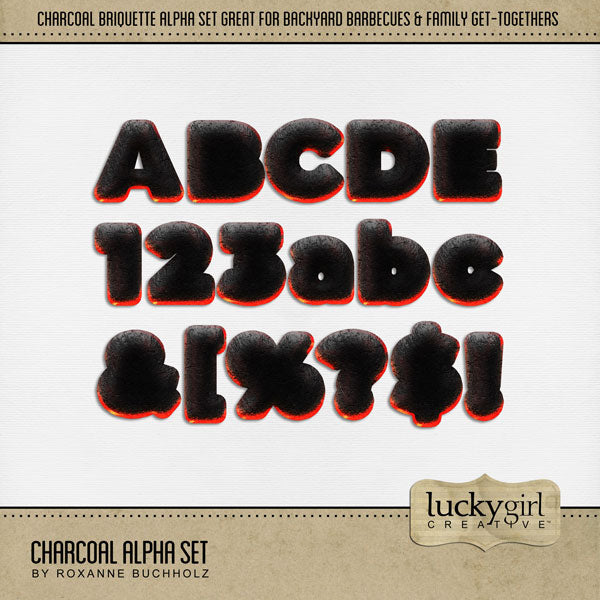 Fire up the grill! These charcoal briquette alphabet letters, numbers, and punctuation by Lucky Girl Creative digital art for digital scrapbooking are great for creating unique page titles for family reunions, Father's Day, Memorial Day, the 4th of July, Independence Day, Canada Day, picnics, and summer grilling. This kit is included in the Barbecue Bundle.