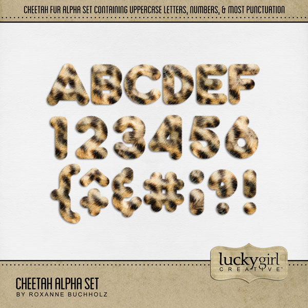 Be inspired by nature and wildlife with these cheetah fur digital scrapbooking alphabet letters, numbers, and punctuation by Lucky Girl Creative digital art perfect for creating one-of-a-kind digital scrapbooking page titles. Great for digital pages of vacations to Africa or adventures to the zoo. The Cheetah Alpha Set is included in the Savanna Flora & Fauna Mega Bundle.