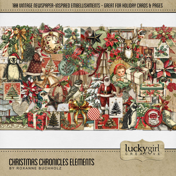 Add these vintage-inspired embellishments by Lucky Girl Creative digital art to all your Christmas greeting cards, holiday decor, and winter pages. In a shabby chic style, these digital scrapbooking embellishments feature bits of newspaper and vintage advertisements. Great for family history and genealogy pages, too! This kit is included in the Christmas Chronicles Bundle.