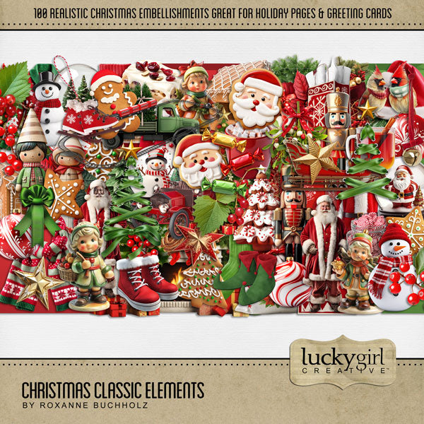 Accent your Christmas greeting cards and traditional holiday pages with these realistic embellishments in classic colors of red and green by Lucky Girl Creative digital art for digital scrapbooking! Embellishments include bird, Cardinal, candy, stocking, Christmas tree, scarf, sock, Santa Claus coat, doll, front door, evergreen arch, figurine, Hummel, fireplace, poinsettia, cupcake, yule log, apple cider, hot cocoa, hot chocolate, gift bag, present, gingerbread, cookie, house, bell, ice skates, hat, holly, 