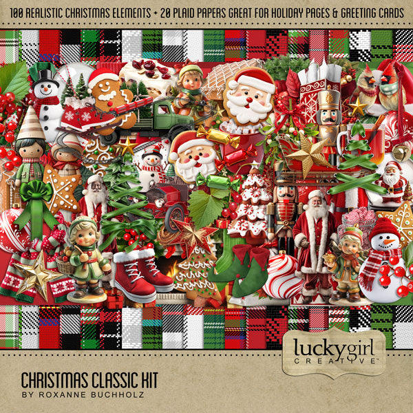 Accent your Christmas greeting cards and traditional holiday pages with these realistic embellishments and plaid tartan papers in classic colors of red and green by Lucky Girl Creative digital art for digital scrapbooking! Embellishments include bird, Cardinal, candy, stocking, Christmas tree, scarf, sock, Santa Claus coat, doll, front door, evergreen arch, figurine, Hummel, fireplace, poinsettia, cupcake, yule log, apple cider, hot cocoa, hot chocolate, gift bag, present, gingerbread, cookie, house, bell, 