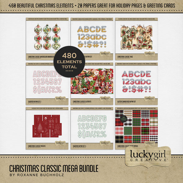 Accent your Christmas greeting cards and traditional holiday pages with these realistic embellishments, plaid tartan papers, vintage tags, watercolor ornaments, and 4 alpha sets in classic colors of red and green by Lucky Girl Creative digital art for digital scrapbooking! Embellishments include bird, Cardinal, candy, stocking, Christmas tree, scarf, sock, Santa Claus coat, doll, front door, evergreen arch, figurine, Hummel, fireplace, poinsettia, cupcake, yule log, apple cider, hot cocoa, and hot chocolate